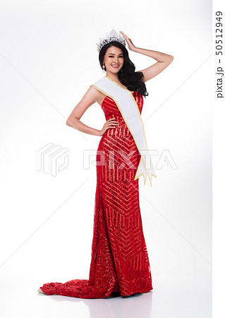 Full Length of Miss Pageant Contest in Asian Red Sequin Evening Ball Gown dress with Silver Diamond Crown Sash, fashion make up face hair style, studio lighting white background isolated copy space 50512949