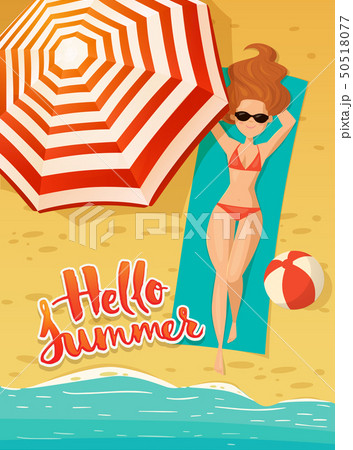 Vector card with hello summer text and young woman sunbathing. Vector card with hello summer text and young woman sunbathing. 50518077