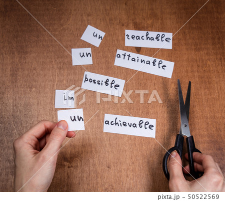 Self motivation concept. Negative words cut with 50522569