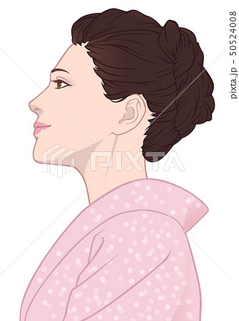 見上げる着物の女性の横顔 桜模様 桃色のイラスト素材