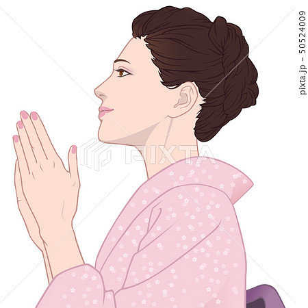 手を合わせる着物の女性の横顔 桜模様 桃色のイラスト素材