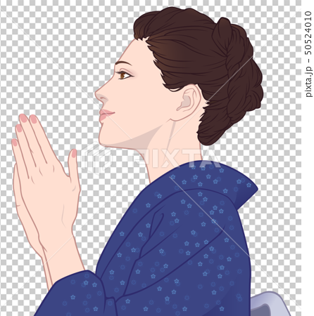 手を合わせる着物の女性の横顔 青のイラスト素材