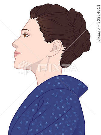 見上げる着物の女性の横顔 青のイラスト素材