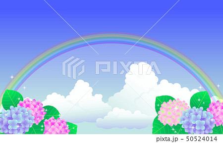 雨上がりの風景 虹と紫陽花 01のイラスト素材