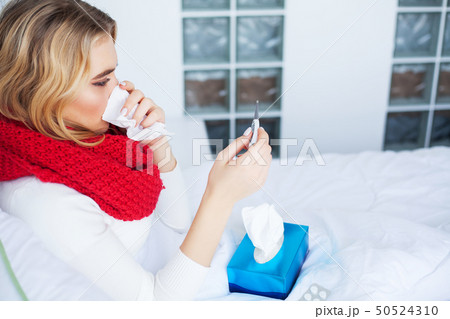 Fever And Cold. Portrait Of Beautiful Woman Caught Flu, Having Headache And High Temperature 50524310