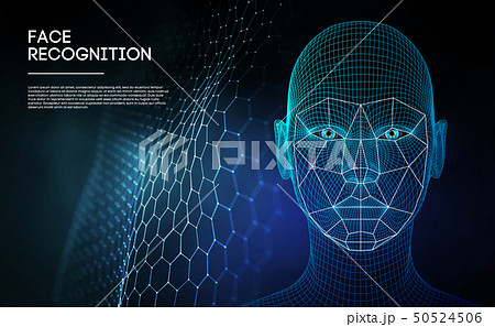 Robot blue eyes android with detailed iris and pupil. Facial recognition concept with sensor and Robot blue eyes android with detailed iris and pupil. Facial recognition concept with sensor and 50524506