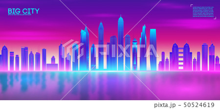 Retro wave background80s. City80s future retro synth illustration city bay with reflection in water 50524619