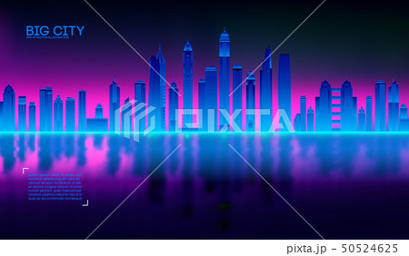 Retro wave background80s. City80s future retro synth illustration city bay with reflection in water 50524625
