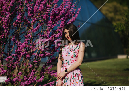 Beautiful woman stand by violet blooming tree. Blue background. Fashion model 50524991