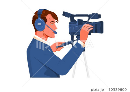 Cameraman shooting the film scene with his camera on white background 50529600