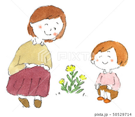 母子草を眺める親子のイラスト素材