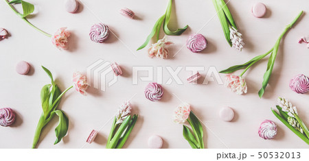 Macaron cookies, marshmallows and flowers over Macaron cookies, marshmallows and flowers over 50532013
