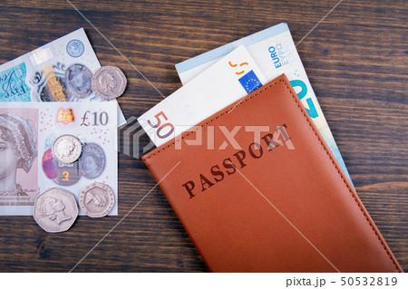 UK pound, euro money and passport. Travel to Great Britain concept 50532819