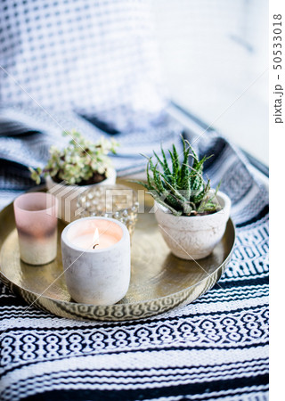 Real apartment interior decor, aromatic candles and plants on vintage tray with pillows and blanket Real apartment interior decor, aromatic candles and plants on vintage tray with pillows and blanket 50533018