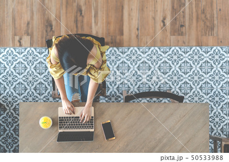 Top View Of Young Asian Woman Sittingの写真素材