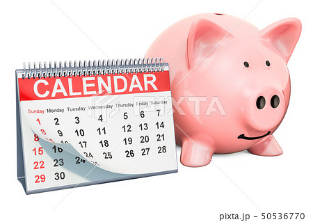 Desk calendar with piggy bank, 3D rendering 50536770