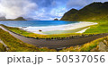 Panoramic view of Haukland Beach and road in Norway, Lofoten islands, near Leknes, Nordland 50537056