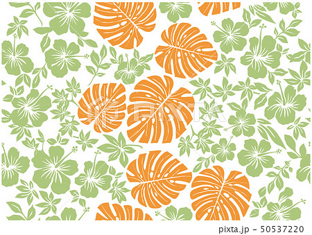 モンステラ柄とハイビスカス柄の背景イラスト 黄緑 テキスタイル 総柄 シームレスのイラスト素材