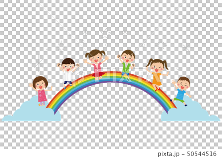 子供が男女6人　虹の上で元気にジャンプ 50544516
