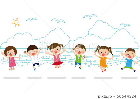 子供が男女6人 海で元気にジャンプのイラスト素材