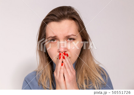 People, violence and abuse concept - Close-up portrait of crying woman with smeared mascara 50551726