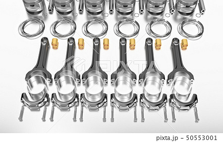 3D rendering. Engine bearing crankshaft with pistons and piston rings. 50553001