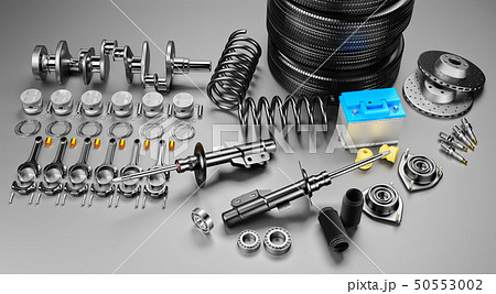 Auto parts spare parts car on the grey background. 3D rendering Auto parts spare parts car on the grey background. 3D rendering 50553002