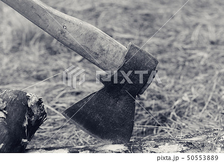 Axe in log. Black and white retro toned image. 50553889