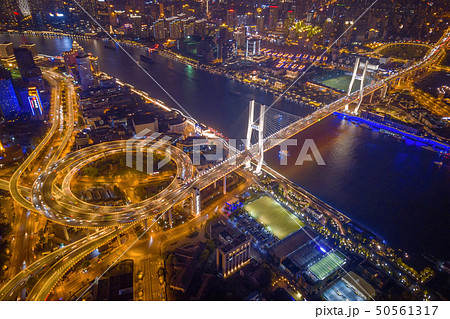 Aerial view of Nanpu Bridge, Shanghai Downtown, Aerial view of Nanpu Bridge, Shanghai Downtown, 50561317