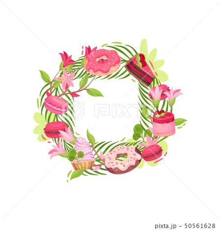 Wreath of flowers with sweets. Cake, cupcakes, cookies, donuts, raspberry berries. Decorated with a 50561628