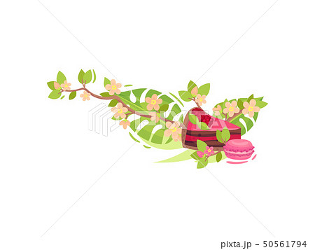 Piece of double-layer cake with raspberries and cupcake. Vector illustration on white background. Piece of double-layer cake with raspberries and cupcake. Vector illustration on white background. 50561794