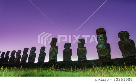 Dawn, stars and Moai statues of Ahu Tongariki on Easter Island Dawn, stars and Moai statues of Ahu Tongariki on Easter Island 50561909