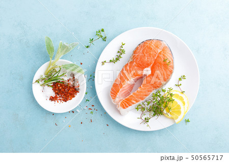 Fresh raw salmon fish steak with ingredients for Fresh raw salmon fish steak with ingredients for 50565717