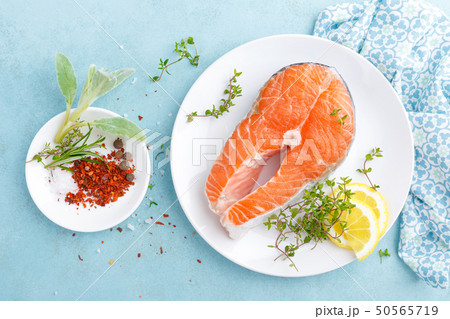 Fresh raw salmon fish steak with ingredients for Fresh raw salmon fish steak with ingredients for 50565719