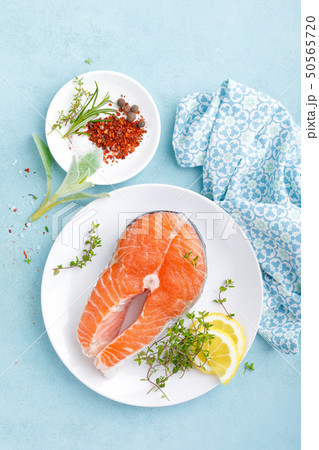 Fresh raw salmon fish steak with ingredients for Fresh raw salmon fish steak with ingredients for 50565720