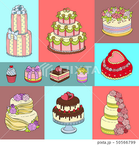 Wedding cake banner vector illustration. Chocolate and fruity desserts for sweet shop with fresh and 50566799