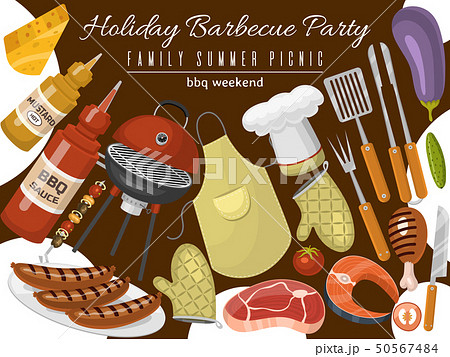 Barbeque picnic party poster meat steak roasted on round hot barbecue grill vector illustration. Bbq 50567484