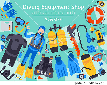 Underwater diving sport shop banner poster templates vector illustration. Water diving activity 50567747