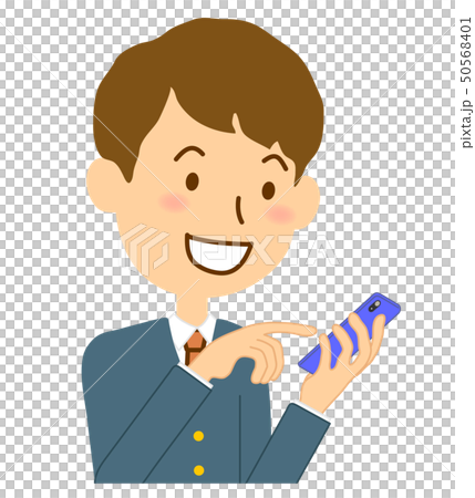 Screen operation smile uniform male junior high school student with smartphone left Screen operation smile uniform male junior high school student with smartphone left 50568401
