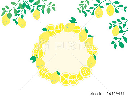 シンプル 葉っぱつきレモン飾りと丸フレームのイラスト素材