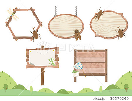 夏の昆虫の木枠フレームセット カブトムシ クワガタムシ カマキリ セミ トンボのイラスト素材