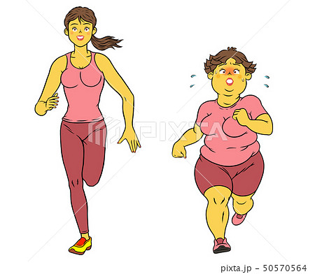 ダイエットのためにランニングをする、インストラクターの女性と、ぽっちゃり女性 50570564