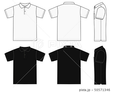 半袖ポロシャツ ポケットなし モックアップテンプレートセット 前 後ろ 側面 白 黒のイラスト素材