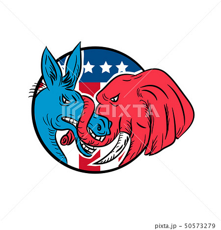 Donkey Biting Elephant Trunk American Flag Drawing 50573279