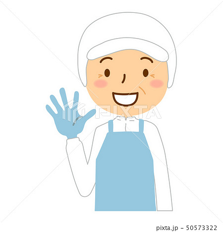 食品衛生作業服青エプロン白女性手を振るシニアのイラスト素材
