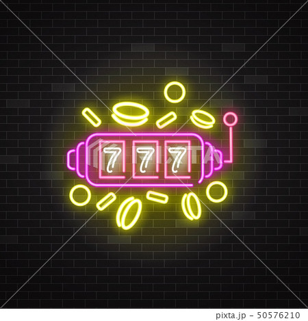 Neon sign of slot machine with lucky sevens jackpot and coins 50576210