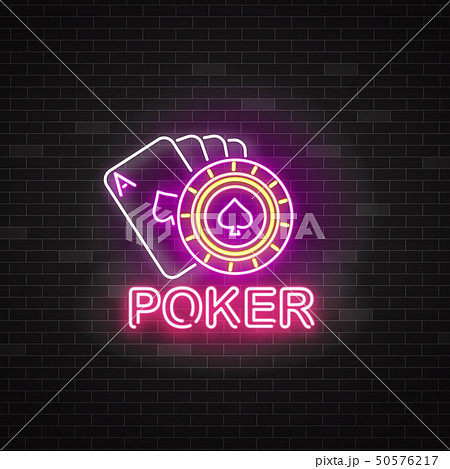Neon poker sign with playing cards and roulette 50576217