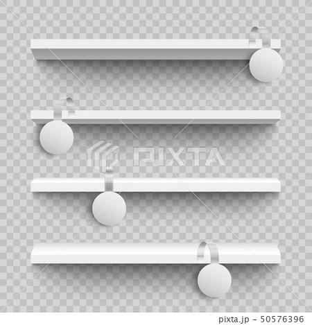 Empty white shop shelves with round custom promotional advertising wobblers mockup. 50576396