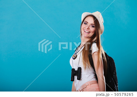 Tourist woman in summer hat portrait Tourist woman in summer hat portrait 50579265