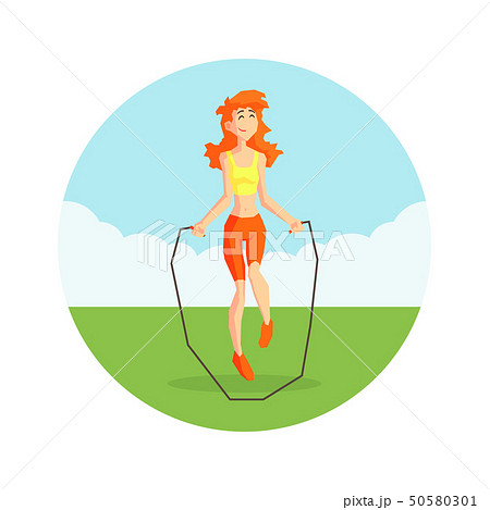 Girl Skipping With Jump Rope In Nature Wearing のイラスト素材